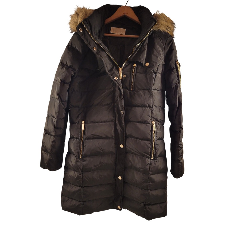 Michael Kors Puffer Parka 50% Down Filled Womens Medium Black Faux Fur Trim Coat